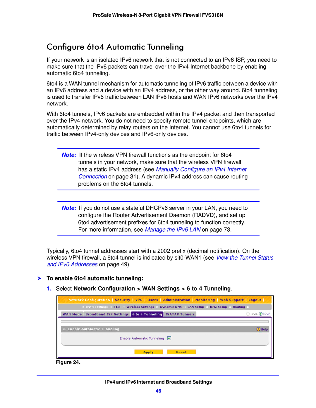 NETGEAR FVS318N manual Configure 6to4 Automatic Tunneling 