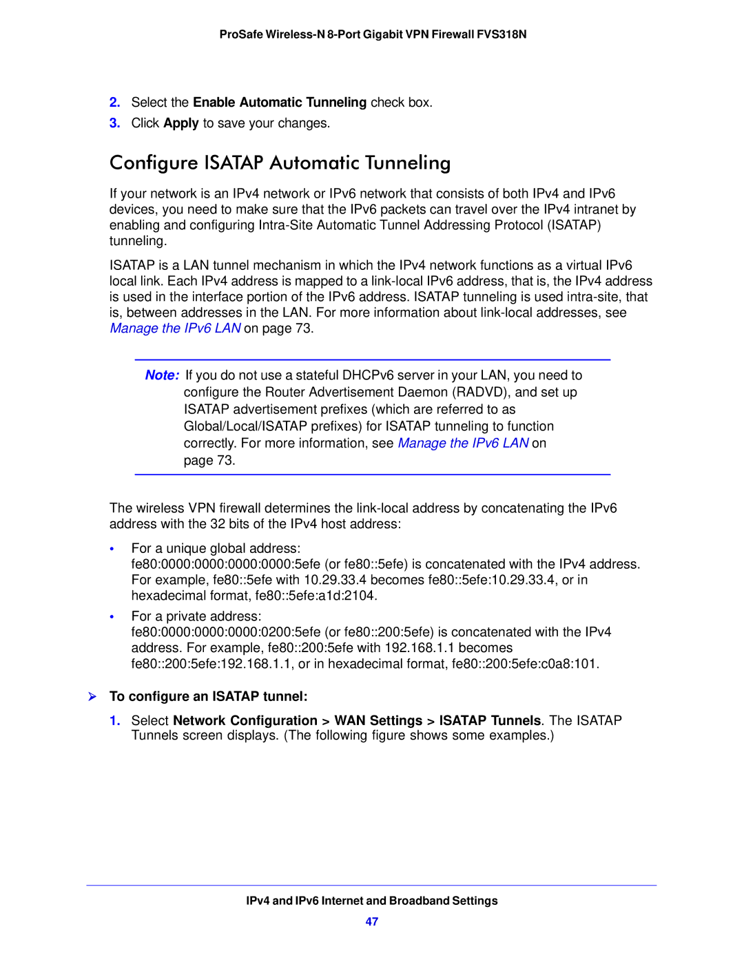 NETGEAR FVS318N manual Configure Isatap Automatic Tunneling, Select the Enable Automatic Tunneling check box 