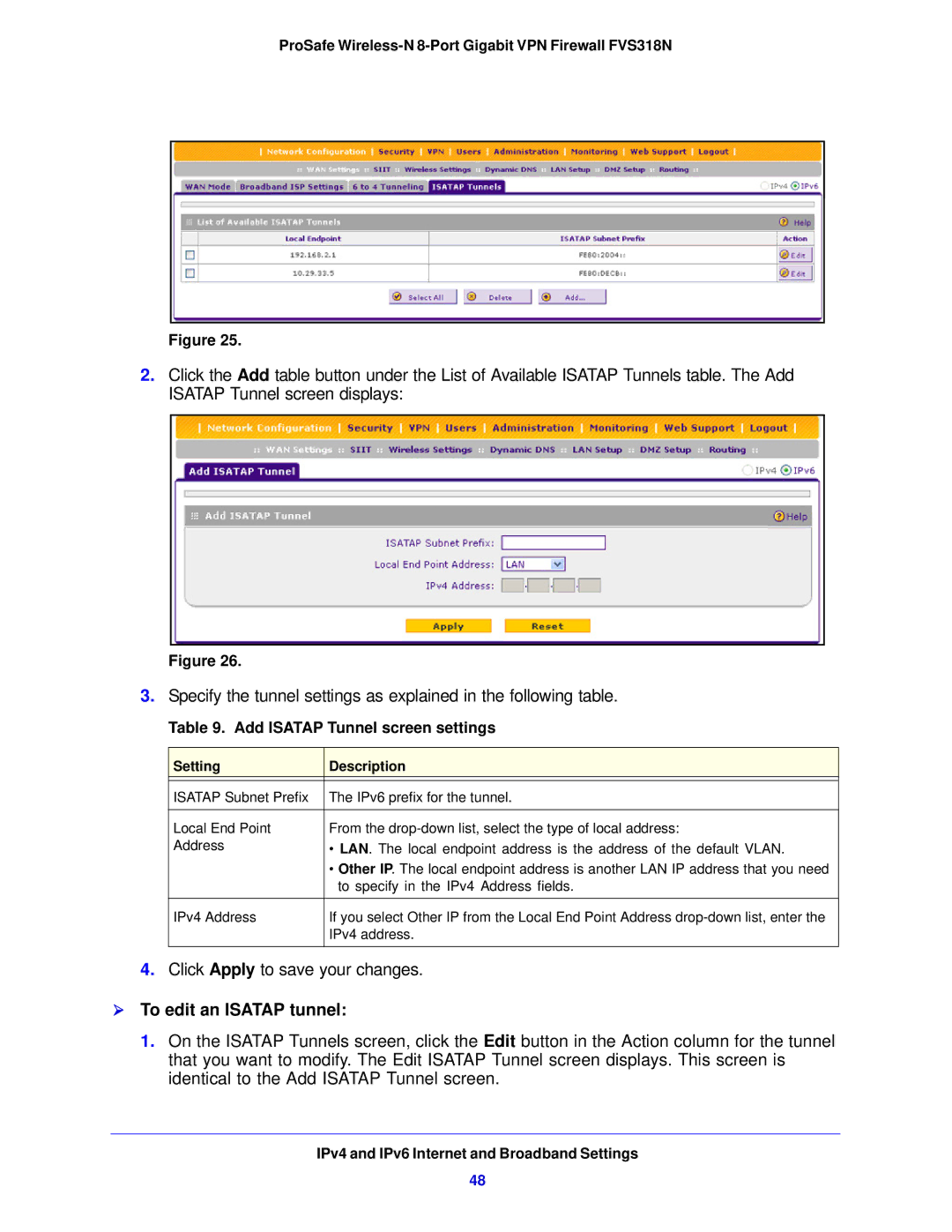 NETGEAR FVS318N manual  To edit an Isatap tunnel, Add Isatap Tunnel screen settings 