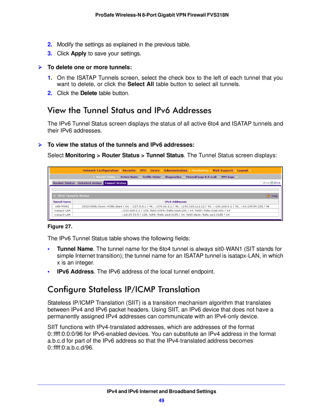 NETGEAR FVS318N manual View the Tunnel Status and IPv6 Addresses, Configure Stateless IP/ICMP Translation 