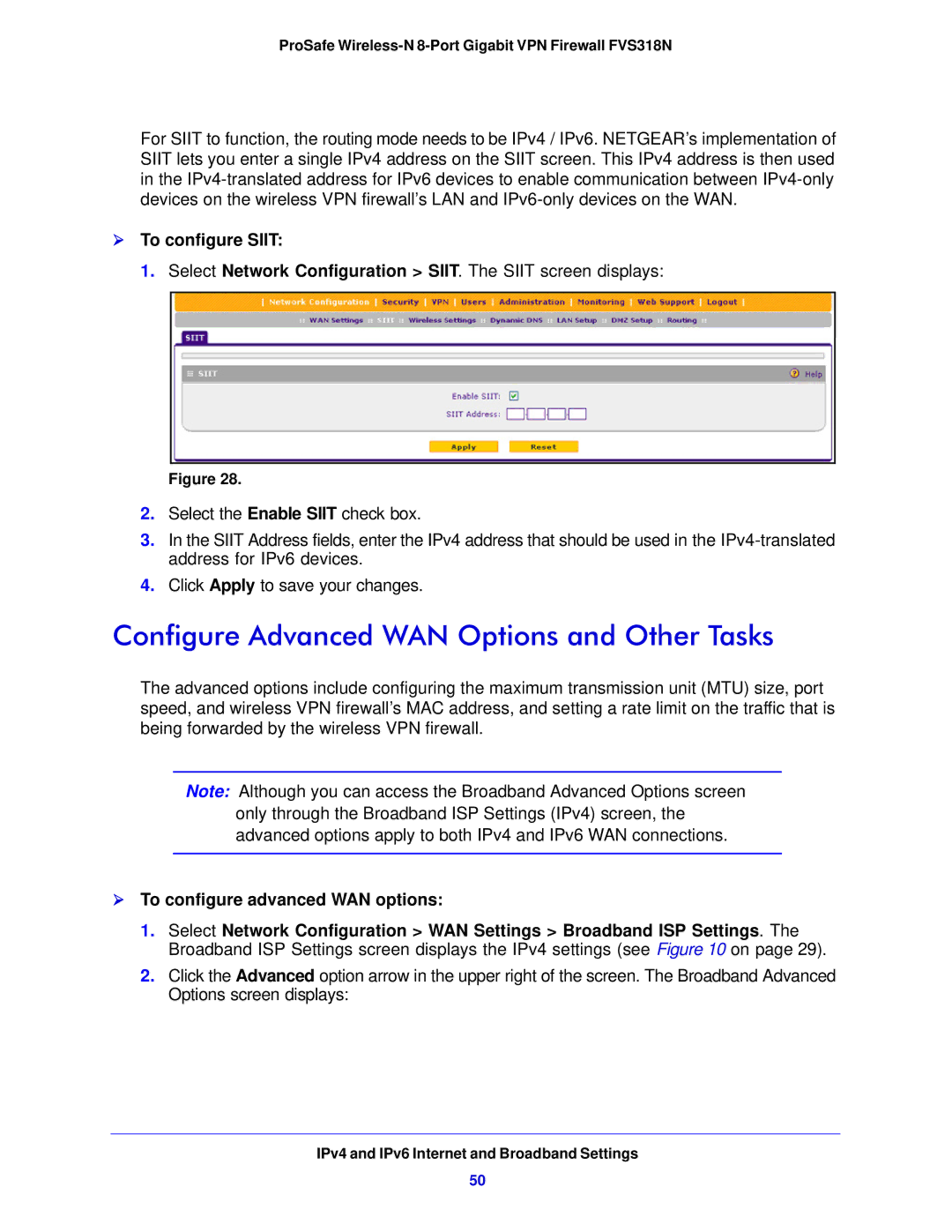 NETGEAR FVS318N Configure Advanced WAN Options and Other Tasks,  To configure Siit,  To configure advanced WAN options 