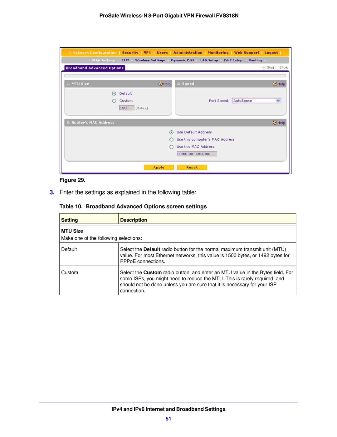 NETGEAR FVS318N manual Broadband Advanced Options screen settings, Setting Description MTU Size 