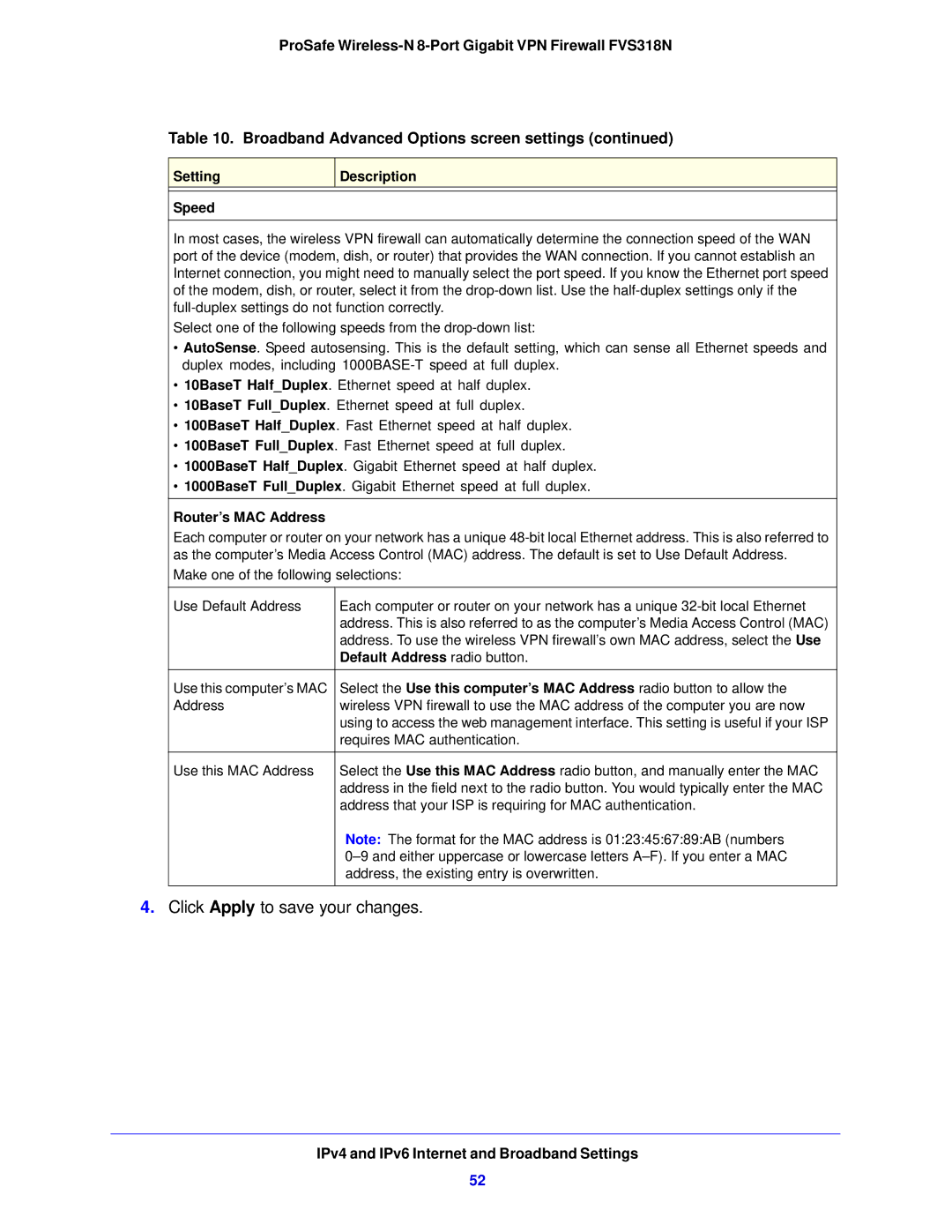 NETGEAR FVS318N manual Setting Speed Description, Router’s MAC Address, Default Address radio button 