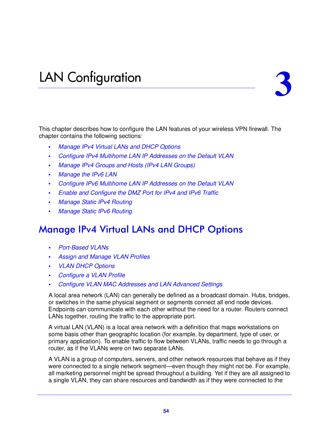 NETGEAR FVS318N manual LAN Configuration, Manage IPv4 Virtual LANs and Dhcp Options 