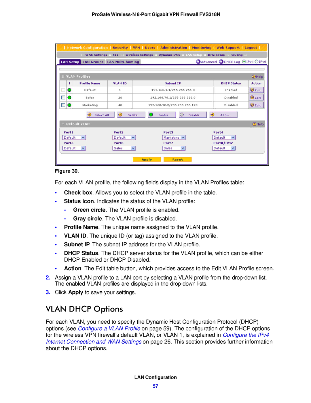 NETGEAR FVS318N manual Vlan Dhcp Options 