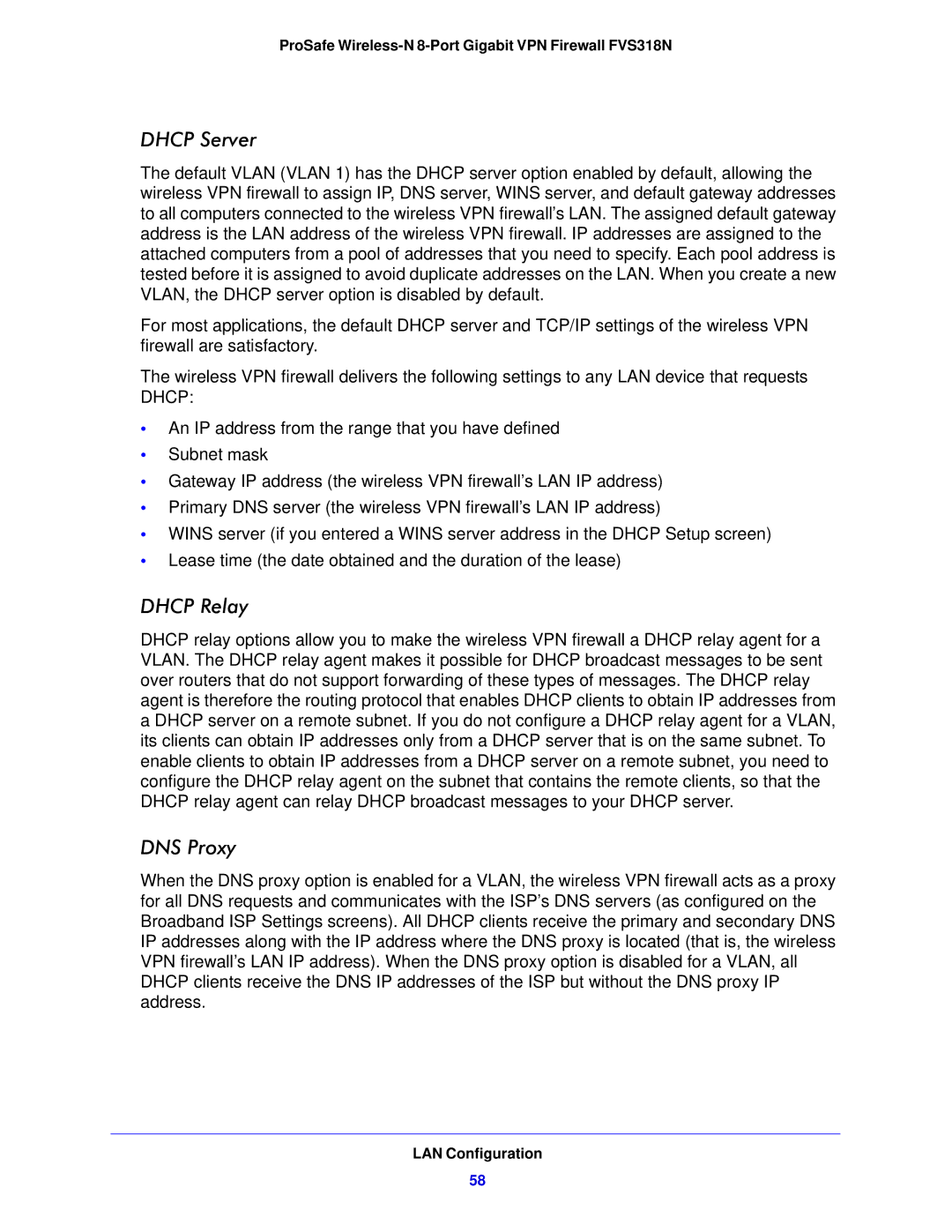 NETGEAR FVS318N manual Dhcp Server, Dhcp Relay, DNS Proxy 