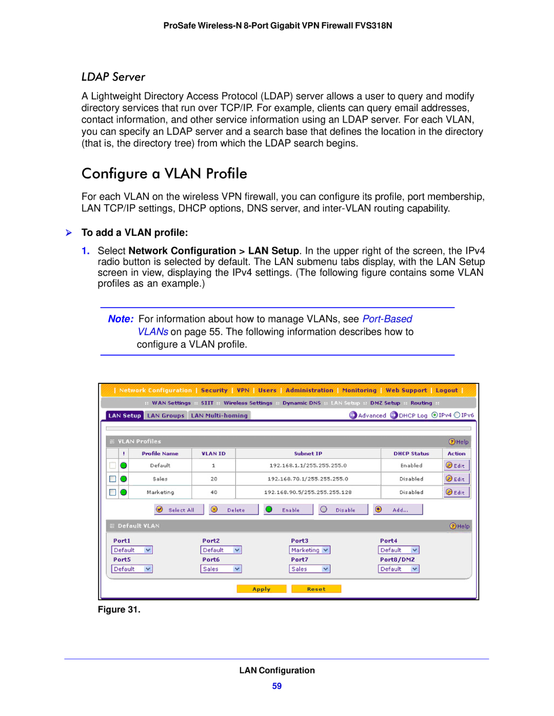 NETGEAR FVS318N manual Configure a Vlan Profile, Ldap Server,  To add a Vlan profile 