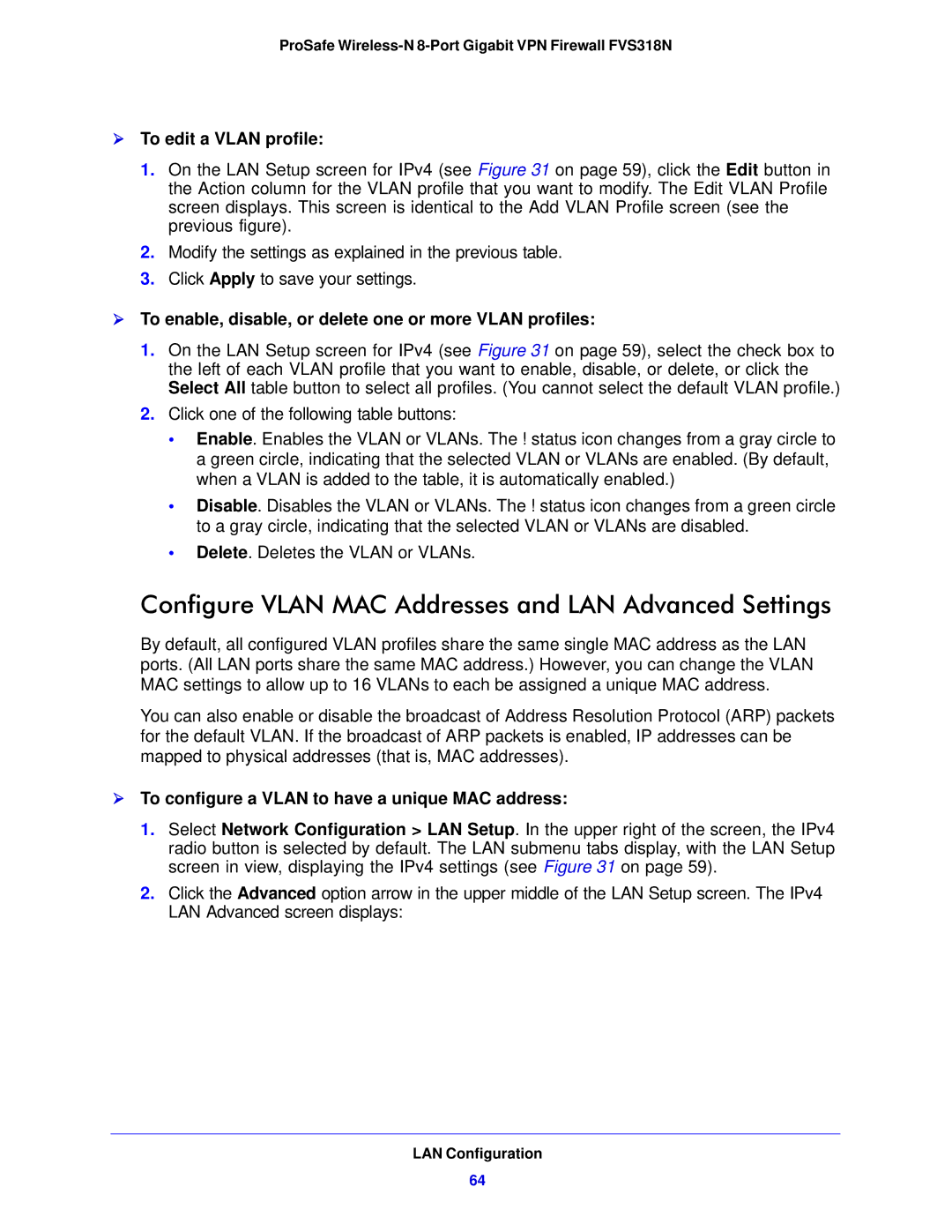 NETGEAR FVS318N manual Configure Vlan MAC Addresses and LAN Advanced Settings,  To edit a Vlan profile 