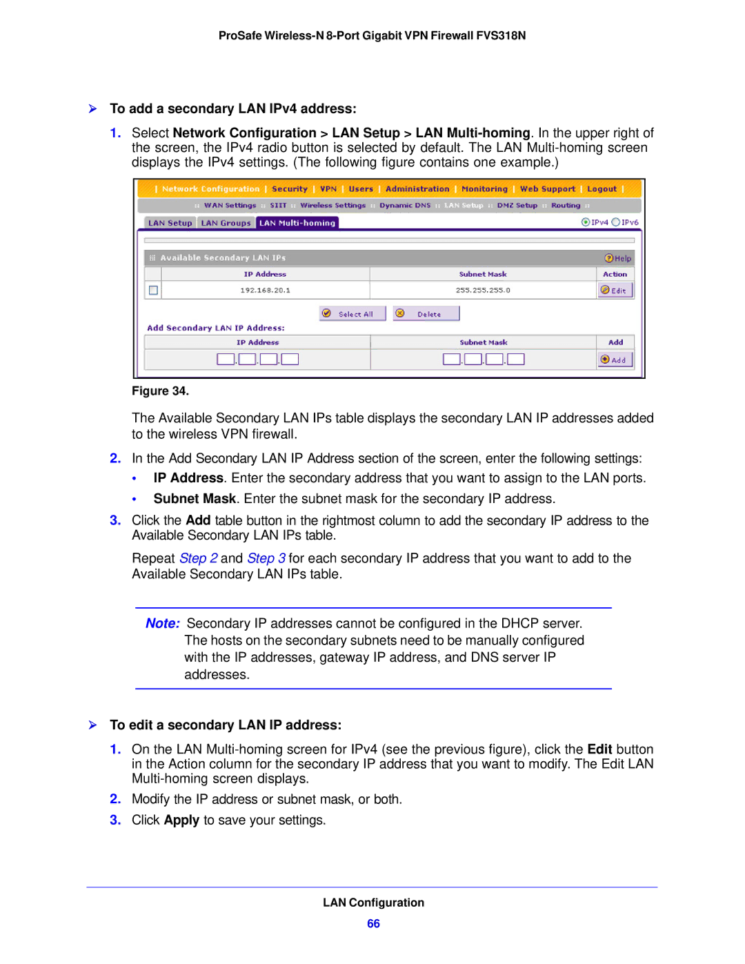 NETGEAR FVS318N manual  To add a secondary LAN IPv4 address,  To edit a secondary LAN IP address 