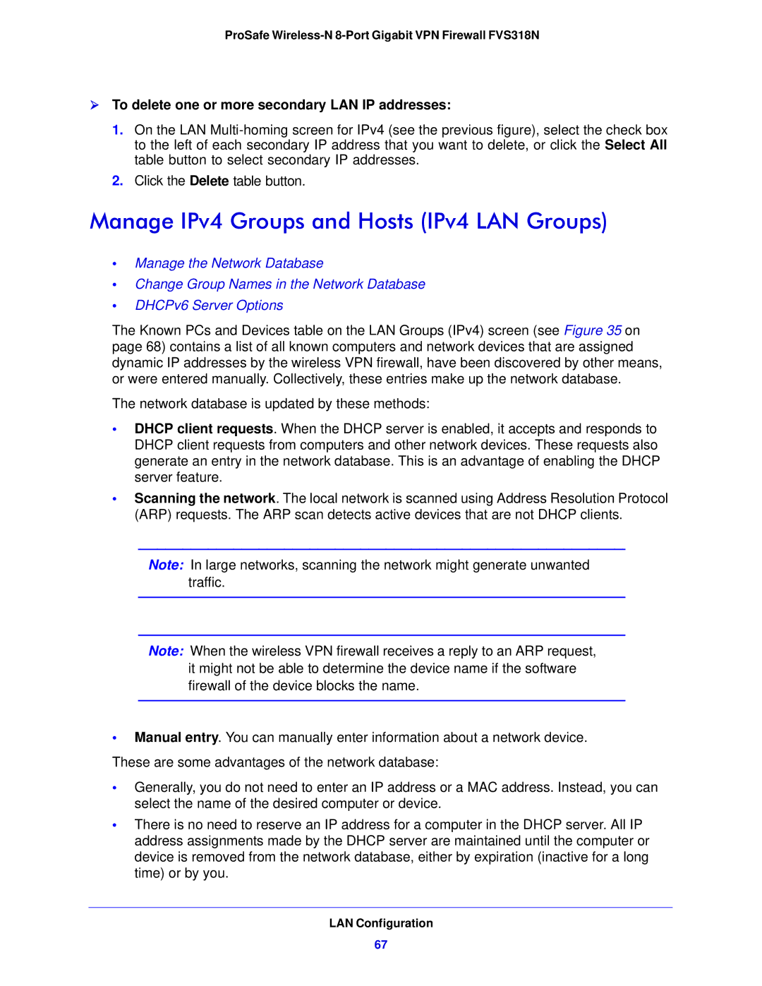 NETGEAR FVS318N manual Manage IPv4 Groups and Hosts IPv4 LAN Groups,  To delete one or more secondary LAN IP addresses 