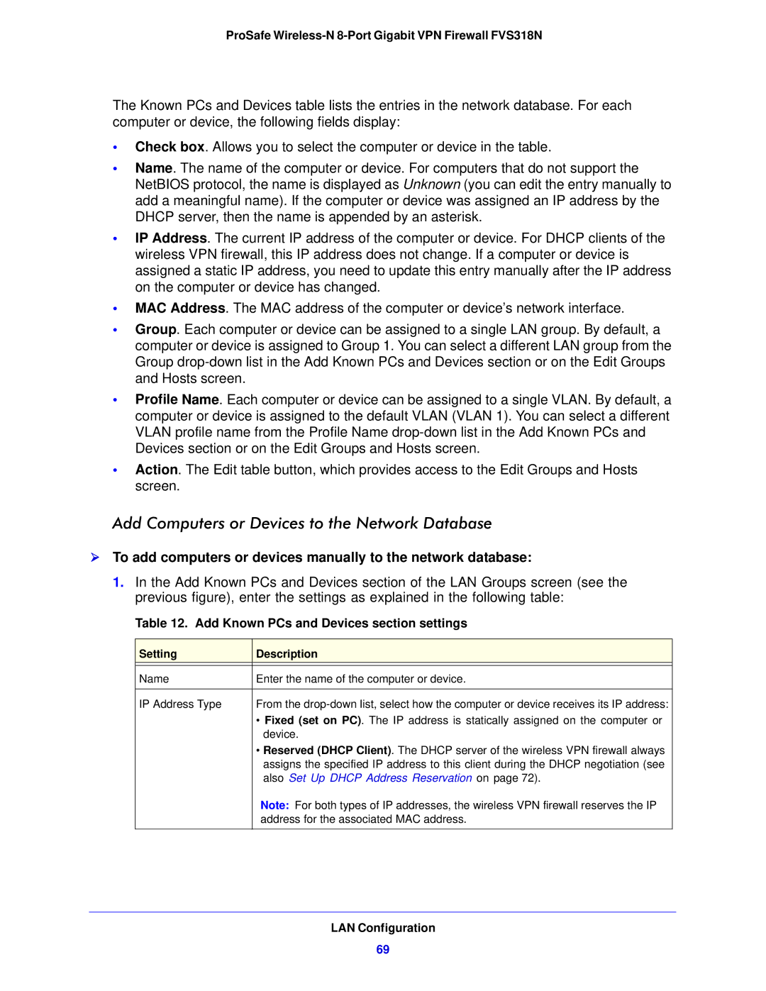 NETGEAR FVS318N manual Add Computers or Devices to the Network Database, Add Known PCs and Devices section settings 