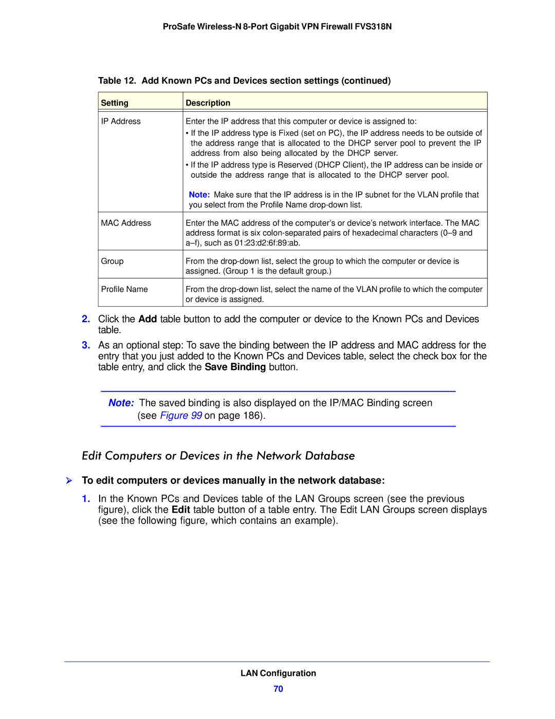 NETGEAR FVS318N manual Edit Computers or Devices in the Network Database 