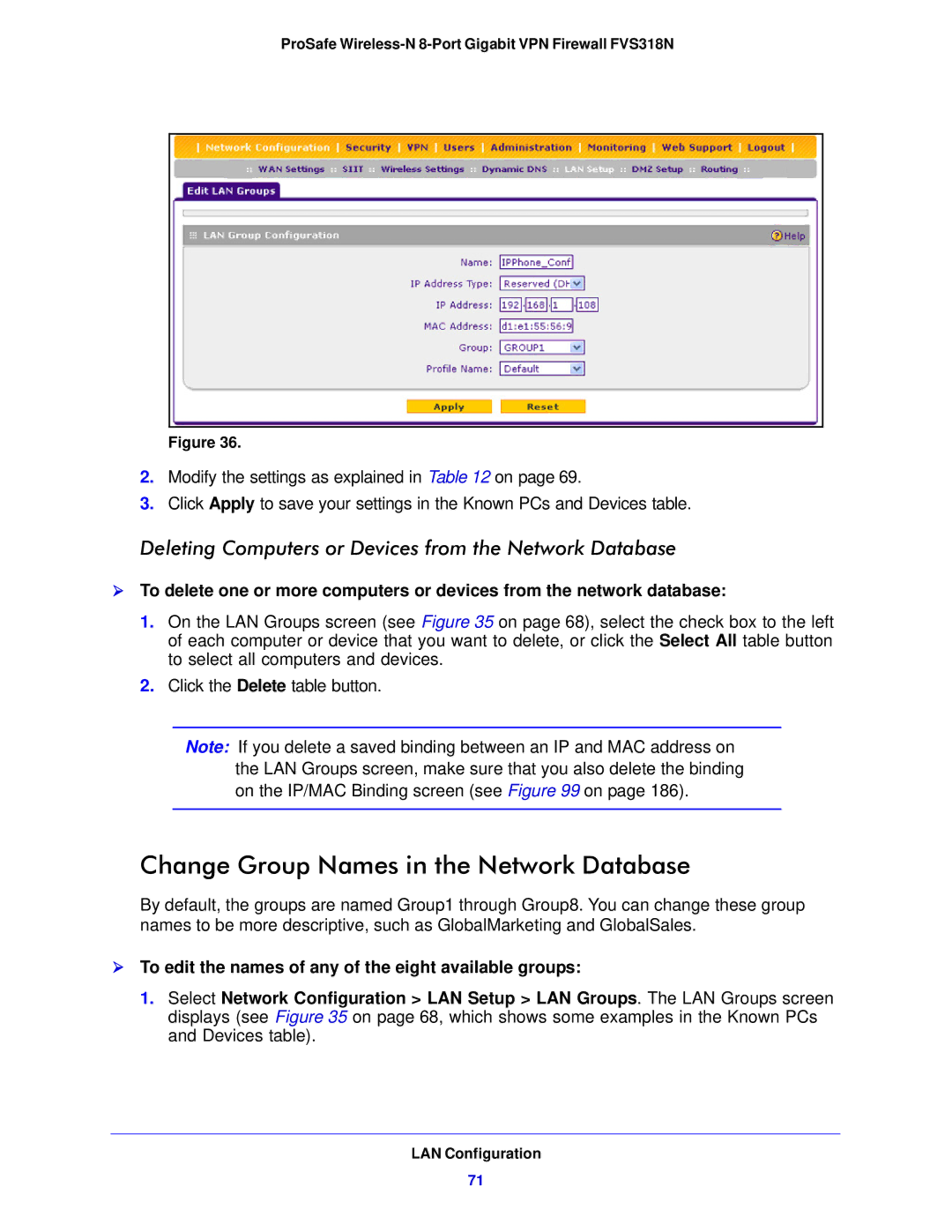 NETGEAR FVS318N manual Change Group Names in the Network Database, Deleting Computers or Devices from the Network Database 