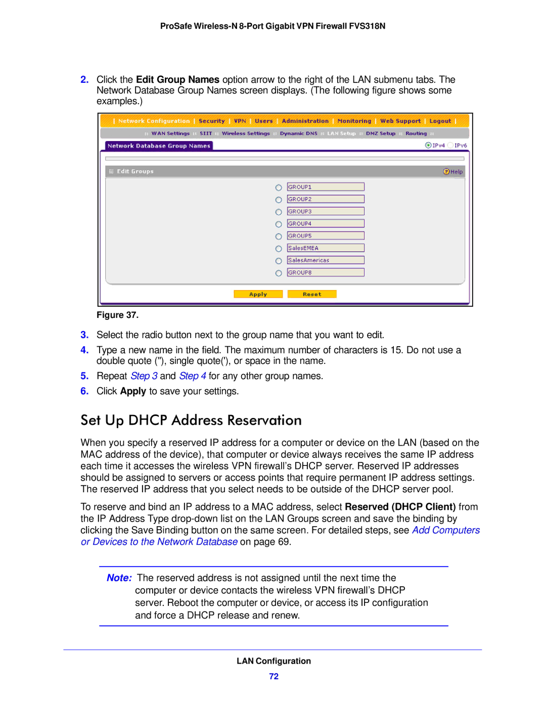 NETGEAR FVS318N manual Set Up Dhcp Address Reservation 