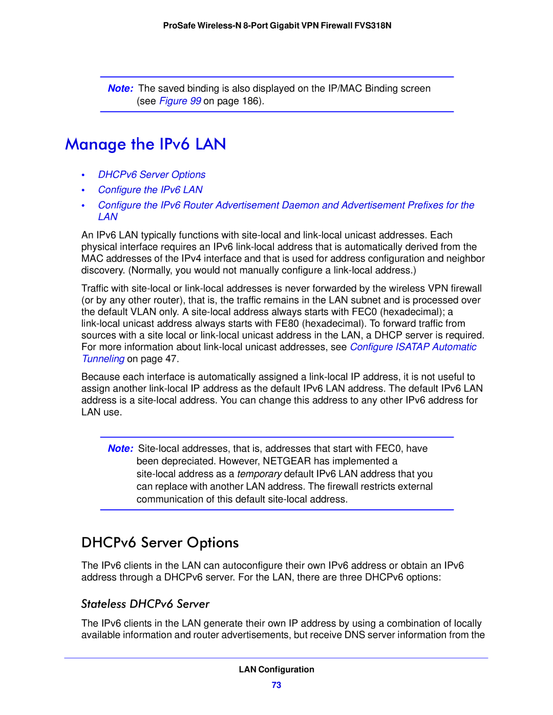 NETGEAR FVS318N manual Manage the IPv6 LAN, DHCPv6 Server Options, Stateless DHCPv6 Server 