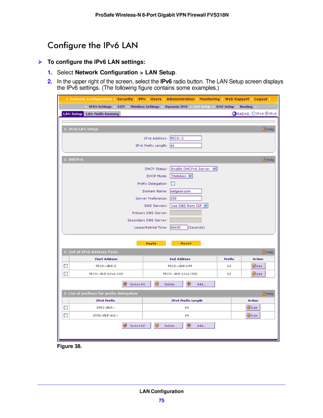 NETGEAR FVS318N manual Configure the IPv6 LAN 