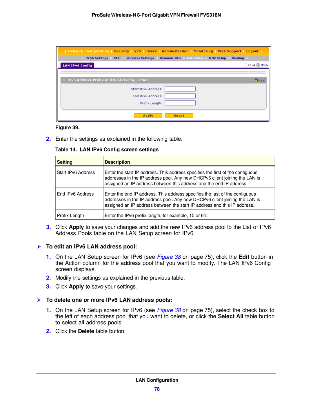 NETGEAR FVS318N manual  To edit an IPv6 LAN address pool,  To delete one or more IPv6 LAN address pools 