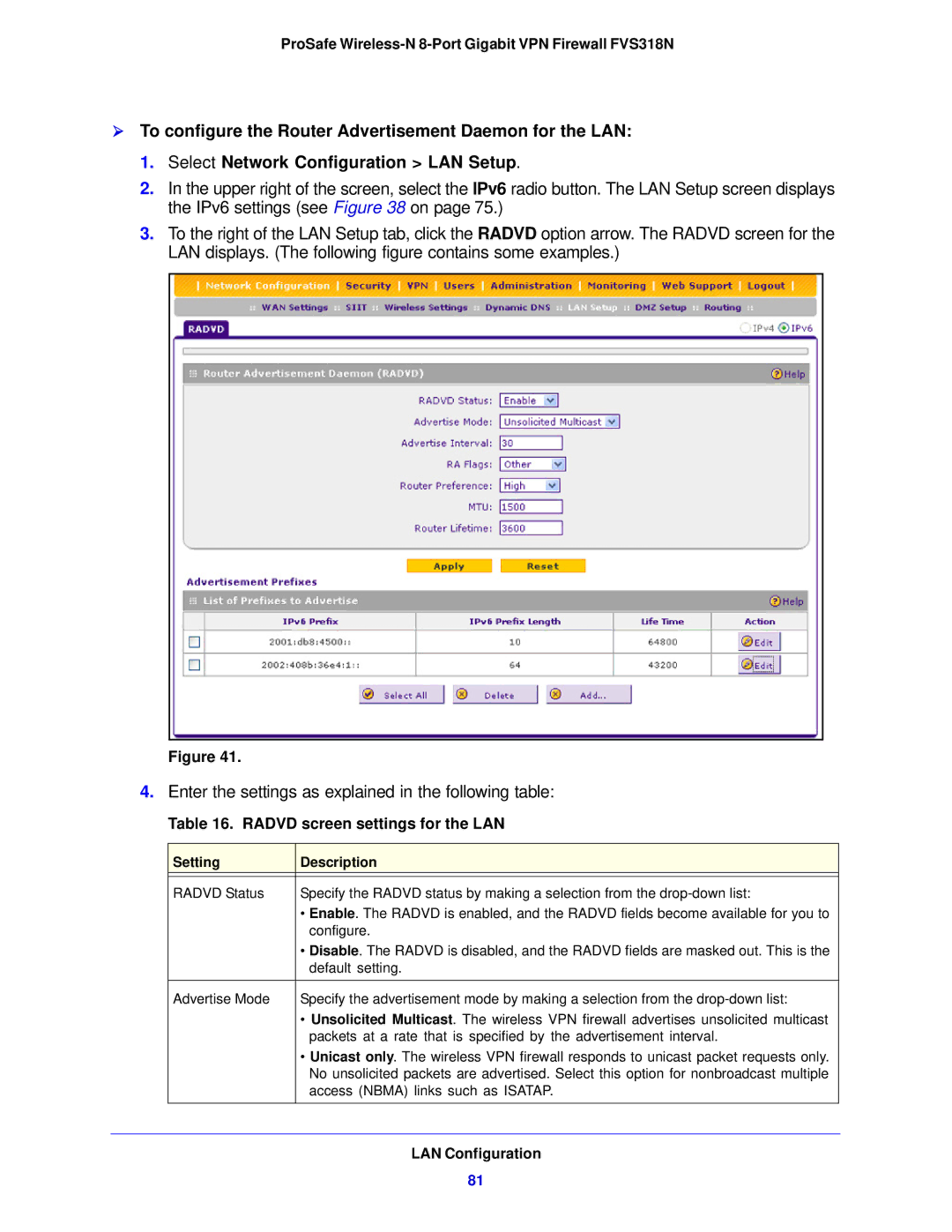 NETGEAR FVS318N manual Radvd screen settings for the LAN, Setting Description 