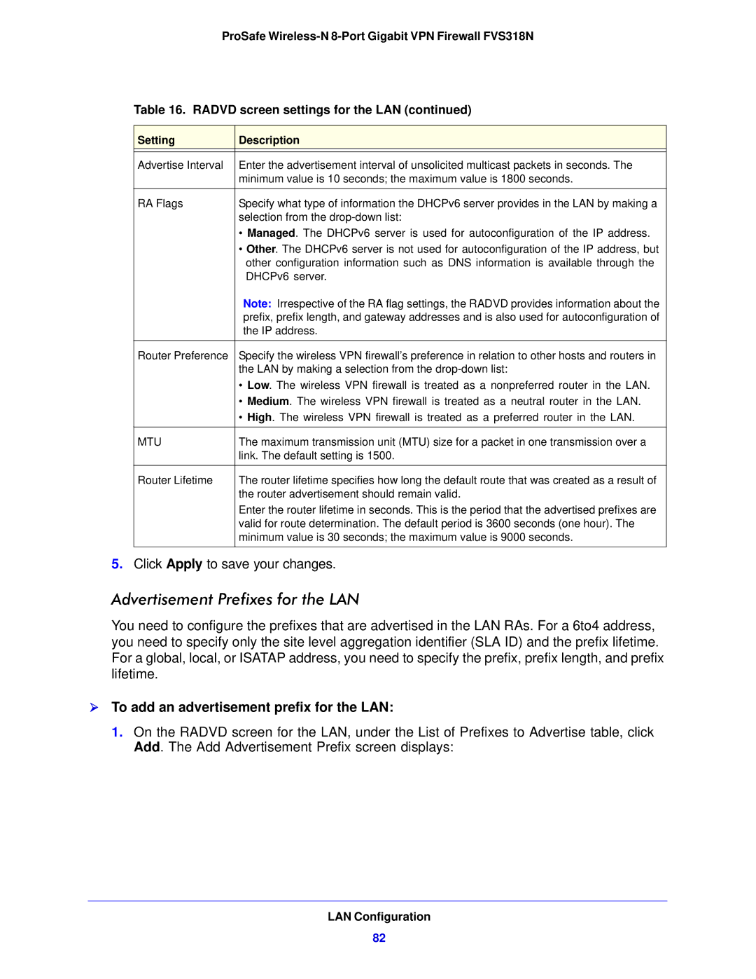 NETGEAR FVS318N manual Advertisement Prefixes for the LAN,  To add an advertisement prefix for the LAN, Mtu 