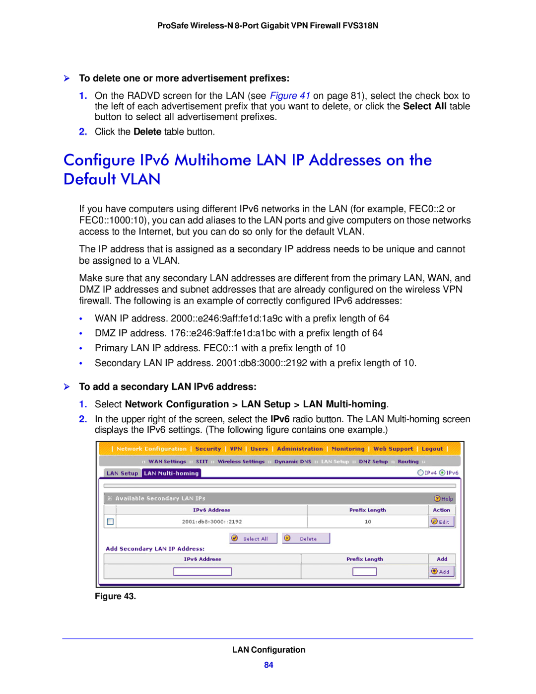 NETGEAR FVS318N manual  To delete one or more advertisement prefixes 