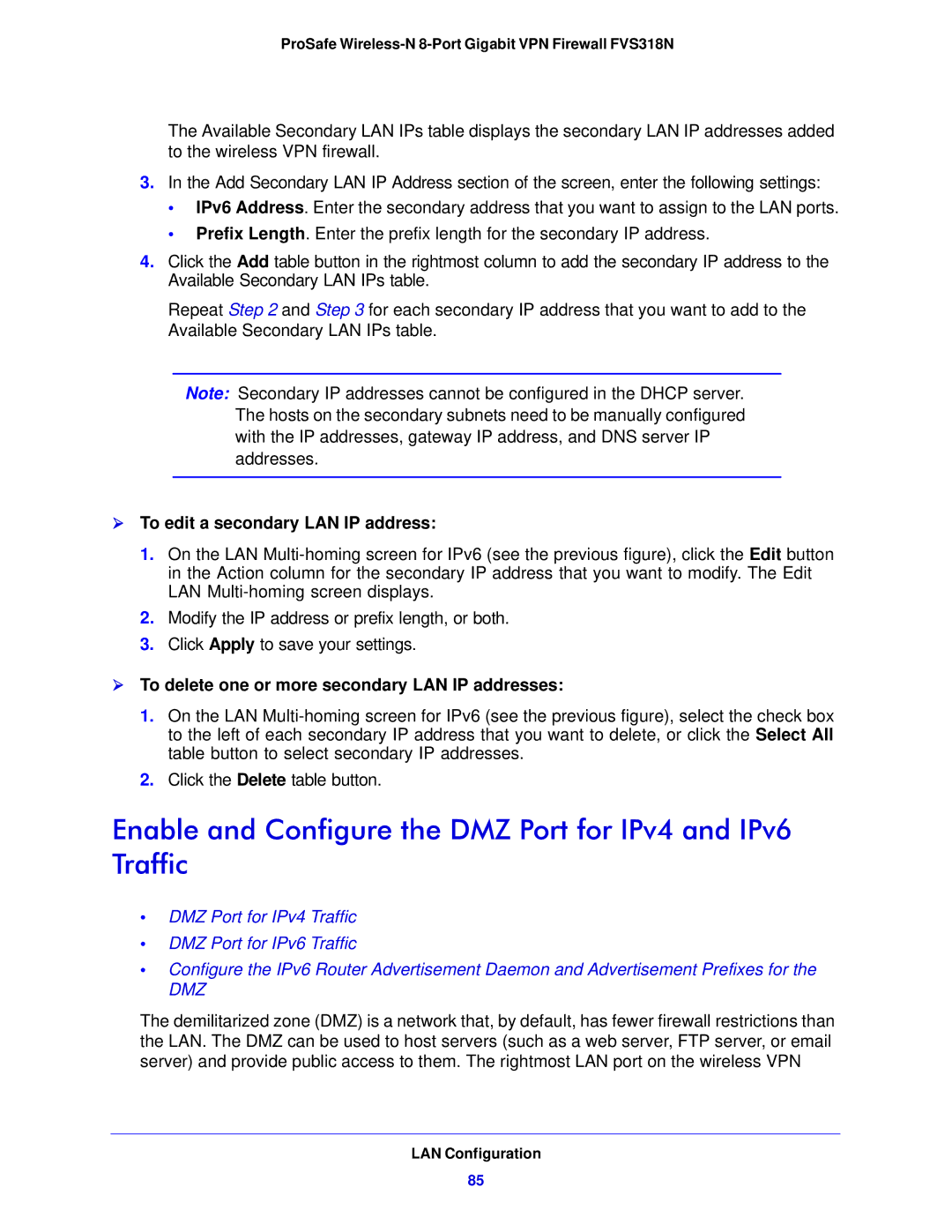 NETGEAR FVS318N manual Enable and Configure the DMZ Port for IPv4 and IPv6 Traffic, Dmz 