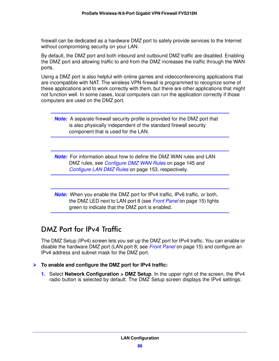 NETGEAR FVS318N manual DMZ Port for IPv4 Traffic,  To enable and configure the DMZ port for IPv4 traffic 