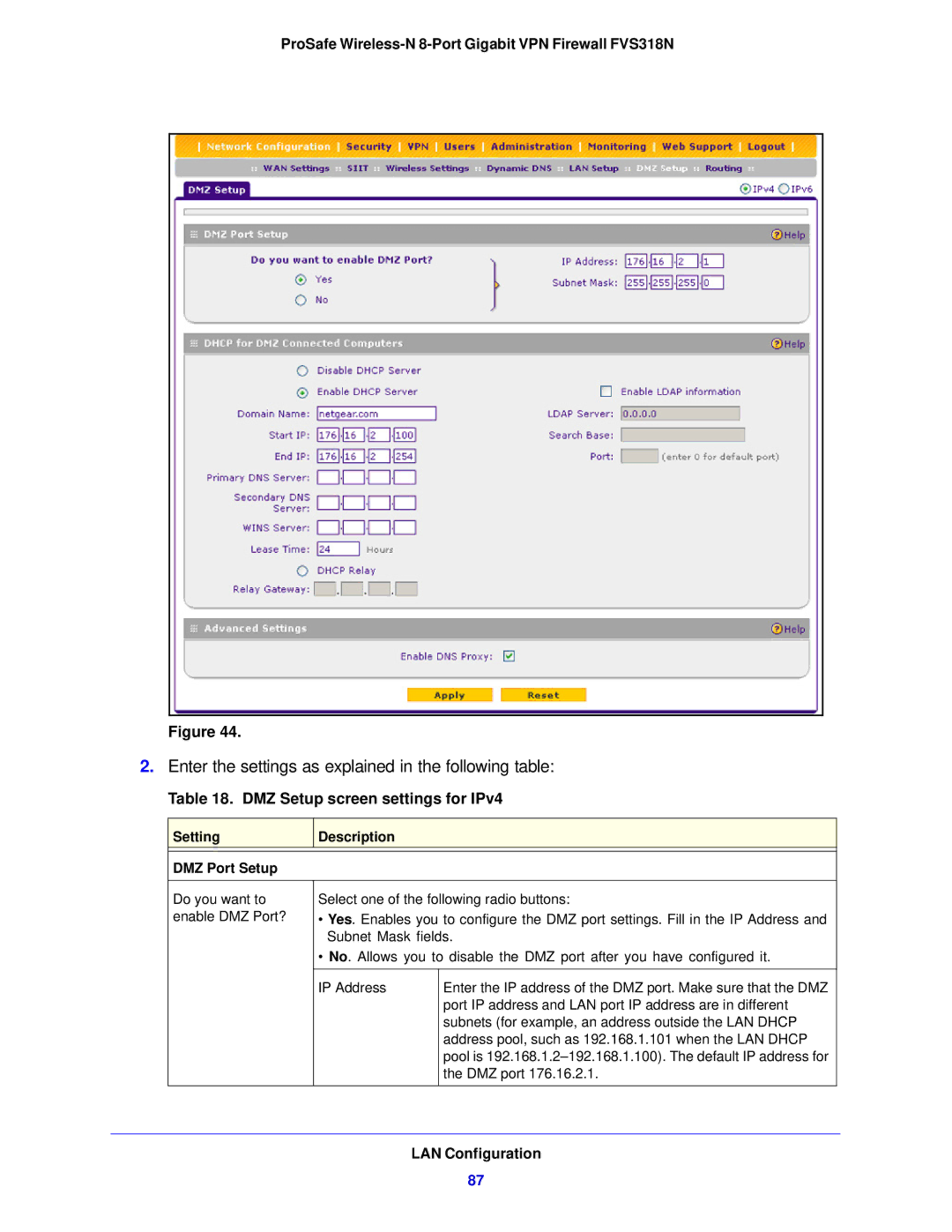 NETGEAR FVS318N manual DMZ Setup screen settings for IPv4, Setting Description DMZ Port Setup 