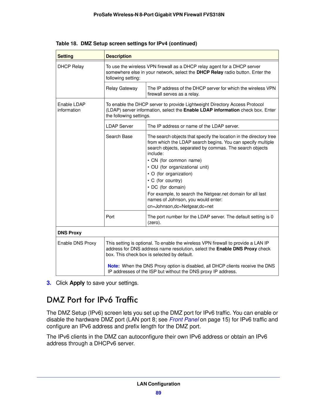 NETGEAR FVS318N manual DMZ Port for IPv6 Traffic, DNS Proxy 