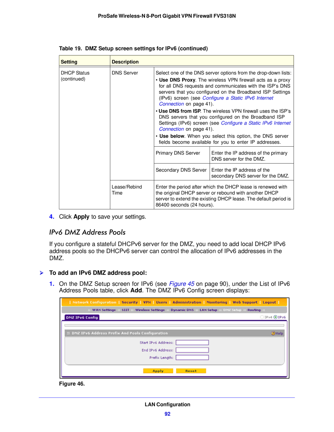 NETGEAR FVS318N manual IPv6 DMZ Address Pools,  To add an IPv6 DMZ address pool 