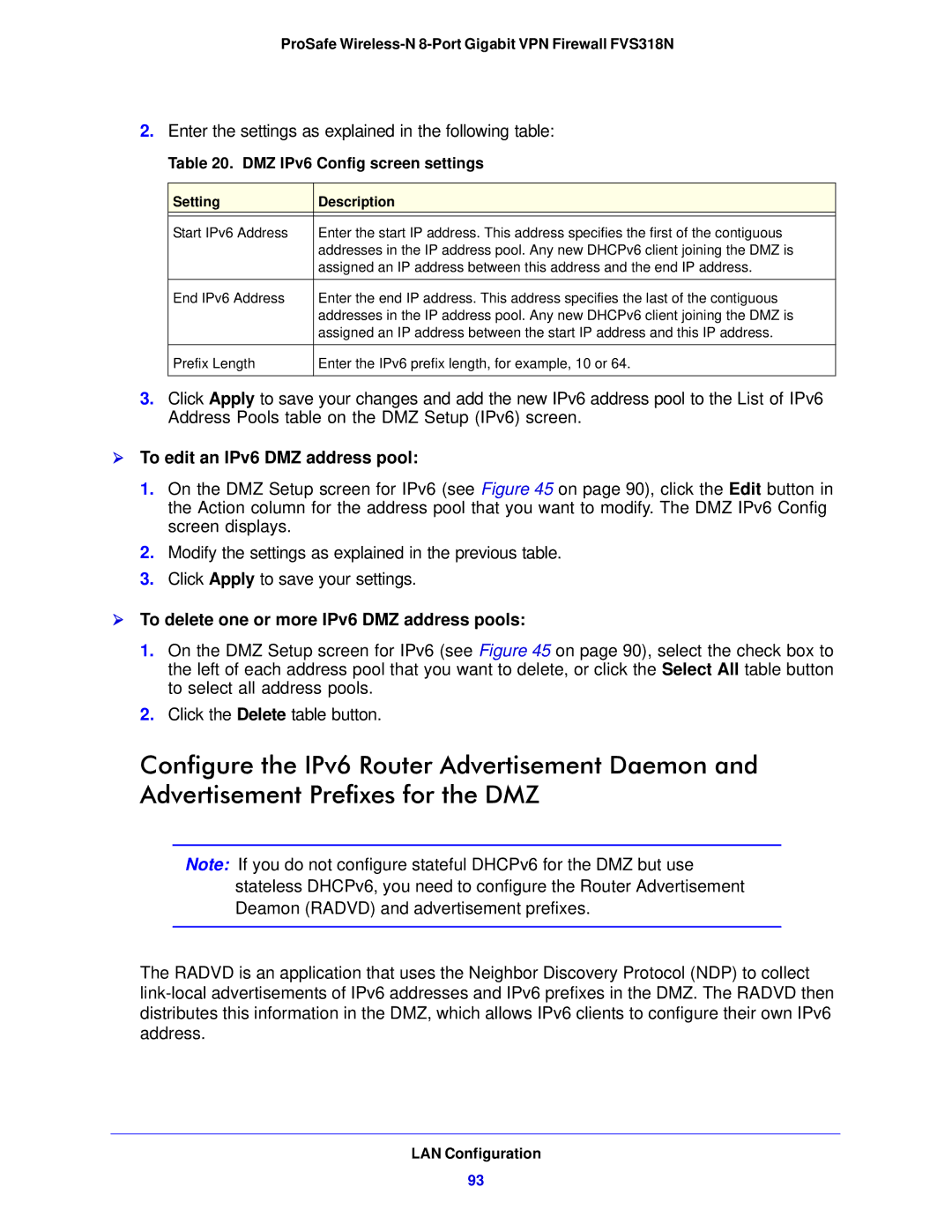 NETGEAR FVS318N manual  To edit an IPv6 DMZ address pool,  To delete one or more IPv6 DMZ address pools 