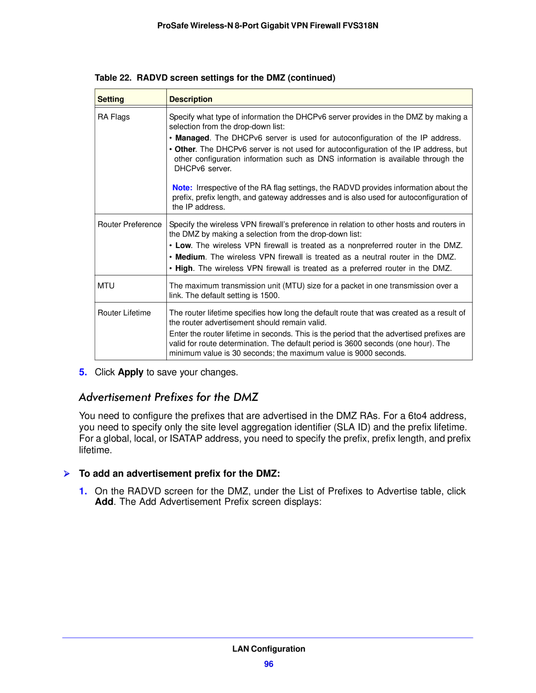 NETGEAR FVS318N manual Advertisement Prefixes for the DMZ,  To add an advertisement prefix for the DMZ 