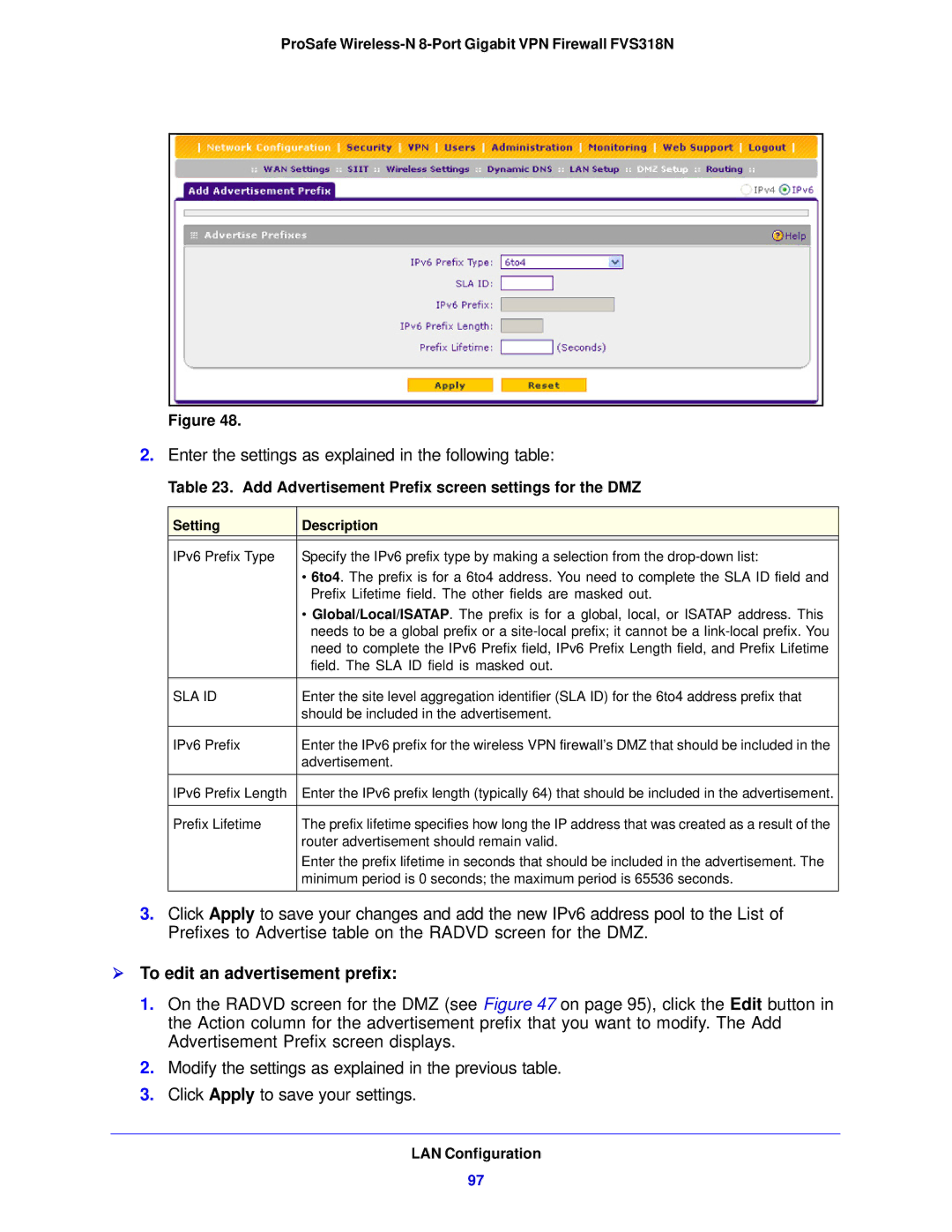 NETGEAR FVS318N manual Add Advertisement Prefix screen settings for the DMZ, Sla Id 