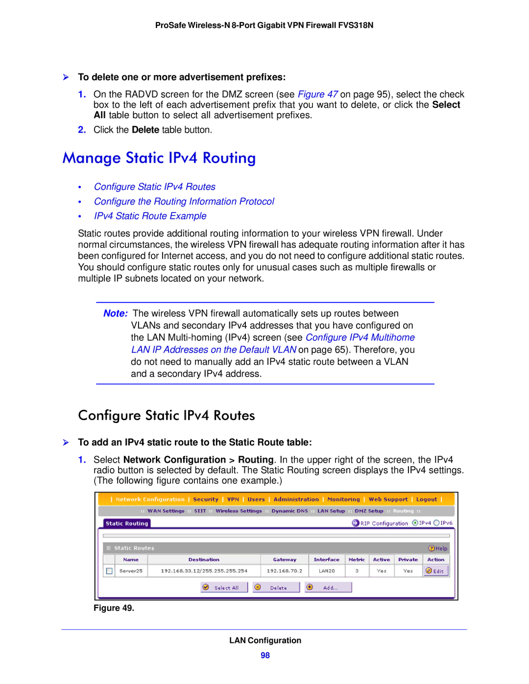 NETGEAR FVS318N manual Manage Static IPv4 Routing, Configure Static IPv4 Routes 