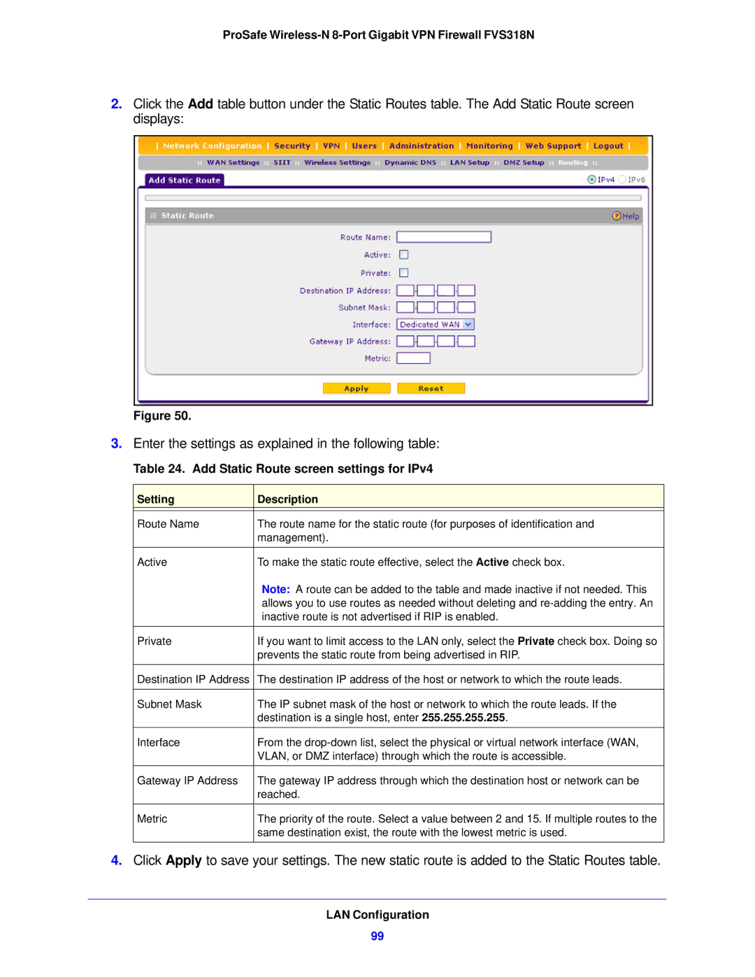 NETGEAR FVS318N manual Add Static Route screen settings for IPv4 