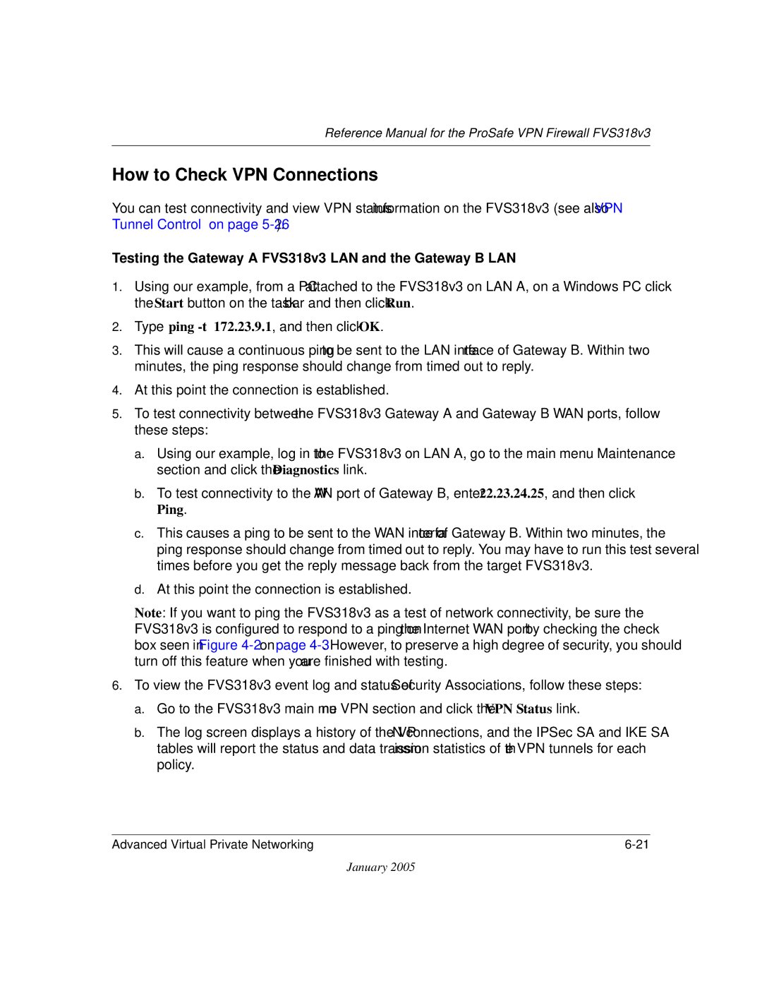 NETGEAR manual How to Check VPN Connections, Testing the Gateway a FVS318v3 LAN and the Gateway B LAN 