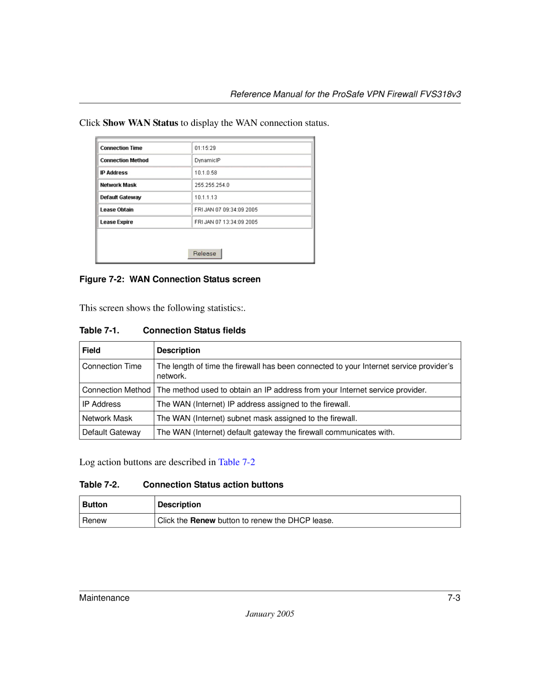 NETGEAR FVS318v3 manual Connection Status fields, Connection Status action buttons 