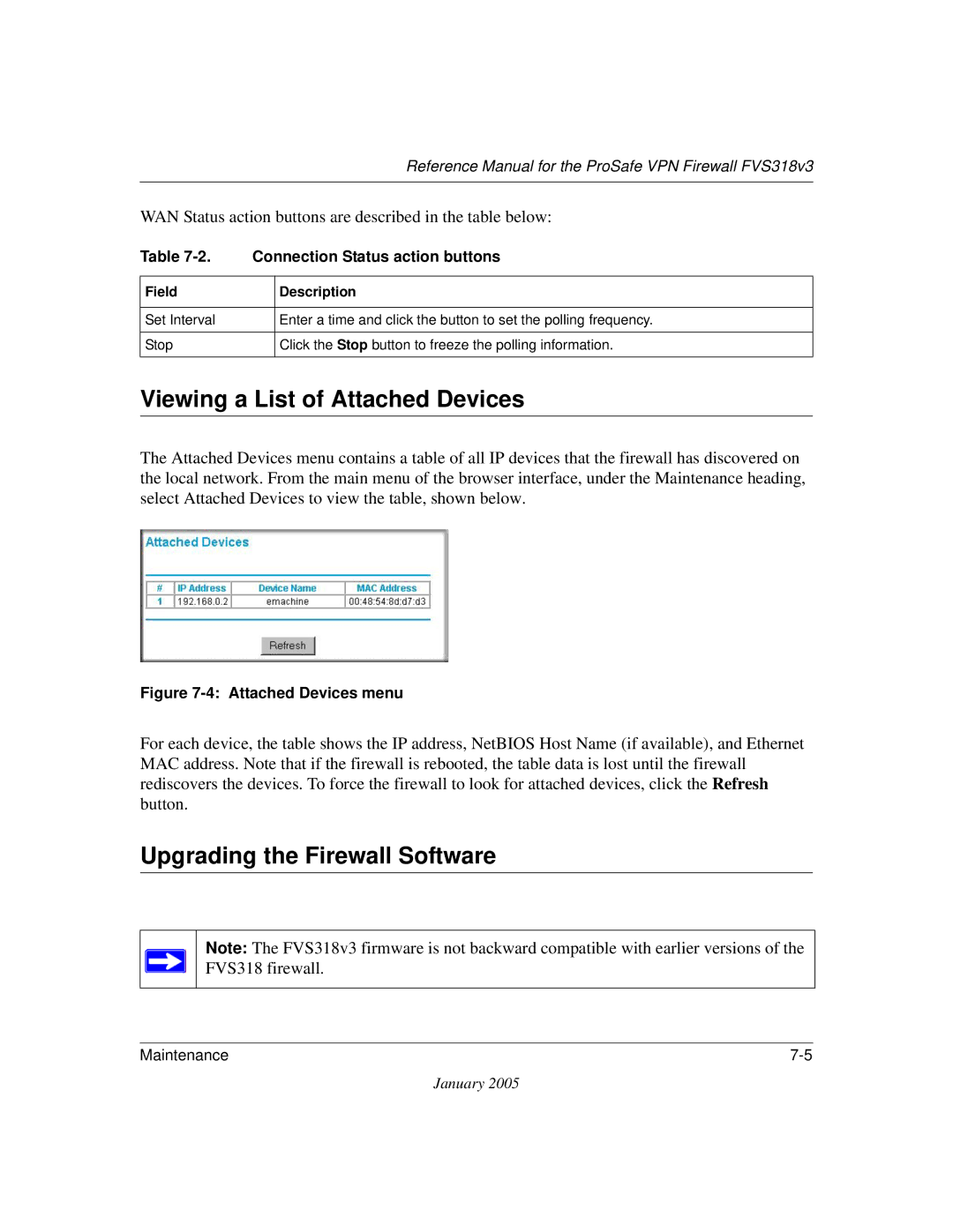 NETGEAR FVS318v3 manual Viewing a List of Attached Devices, Upgrading the Firewall Software 