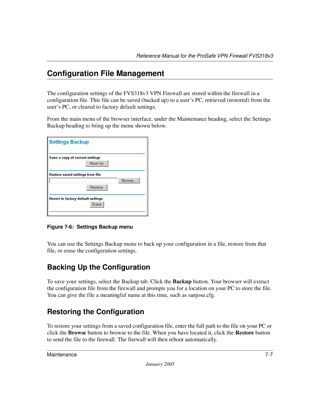 NETGEAR FVS318v3 manual Configuration File Management, Backing Up the Configuration, Restoring the Configuration 