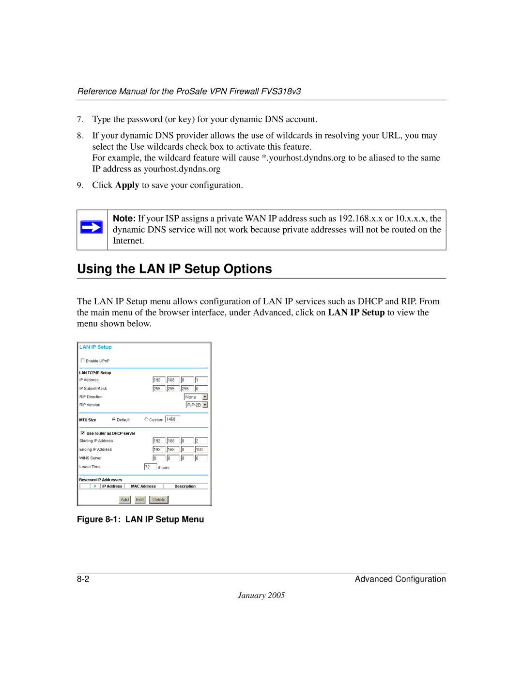 NETGEAR FVS318v3 manual Using the LAN IP Setup Options, LAN IP Setup Menu 