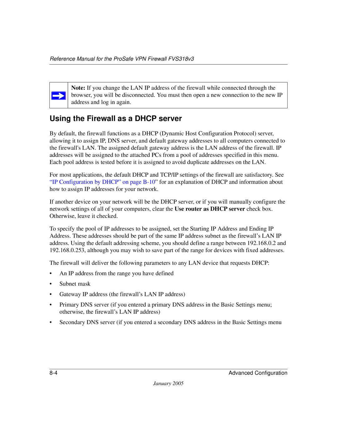 NETGEAR FVS318v3 manual Using the Firewall as a Dhcp server 