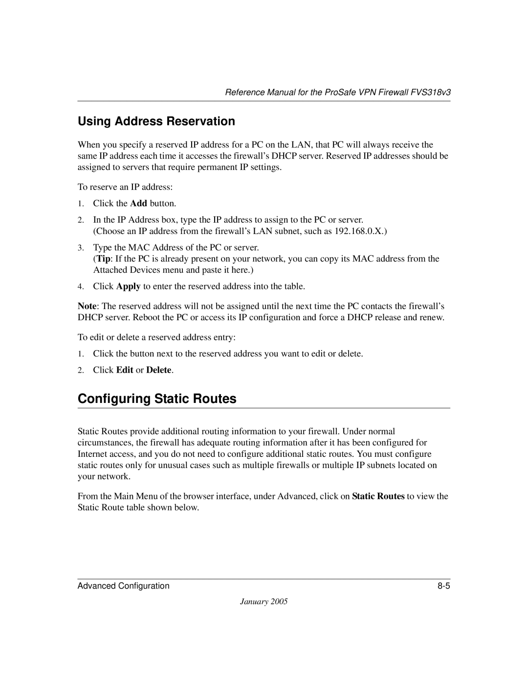 NETGEAR FVS318v3 manual Configuring Static Routes, Using Address Reservation, Click Edit or Delete 