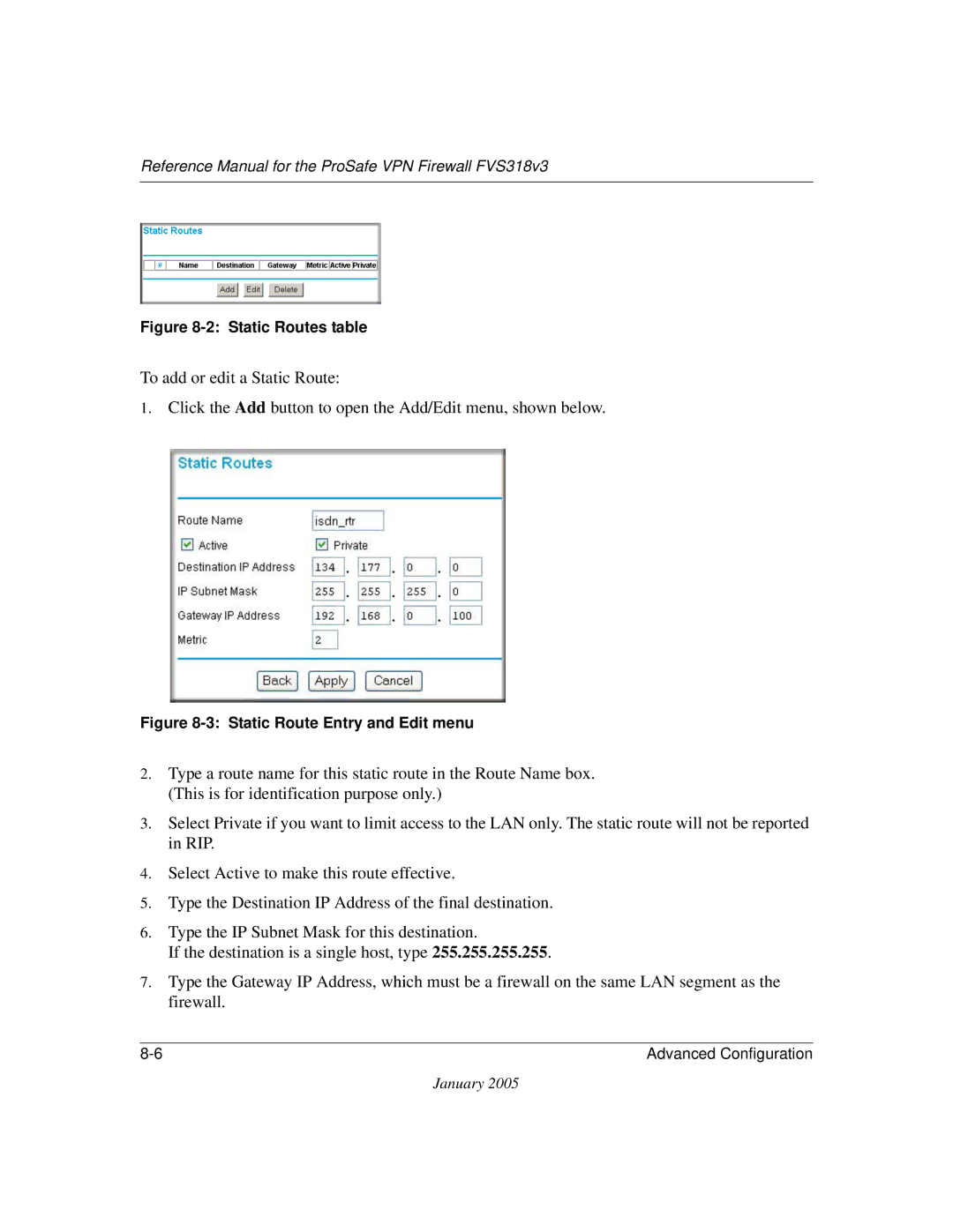 NETGEAR FVS318v3 manual Static Routes table 