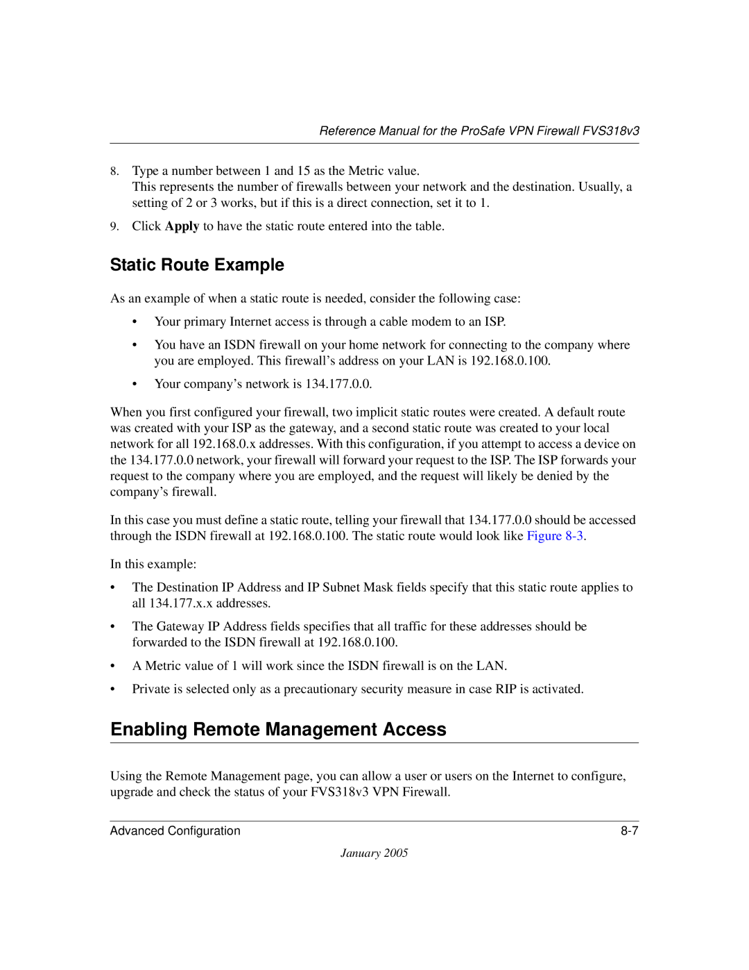 NETGEAR FVS318v3 manual Enabling Remote Management Access, Static Route Example 