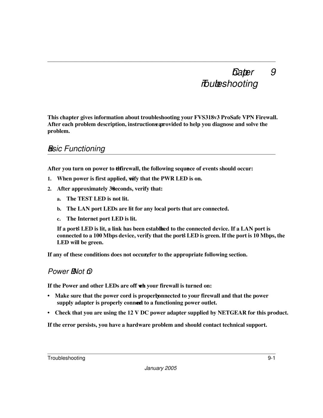 NETGEAR FVS318v3 manual Basic Functioning, Power LED Not On 