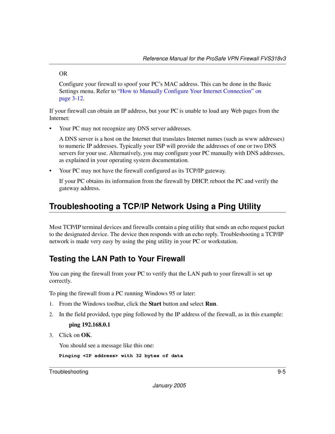 NETGEAR FVS318v3 manual Troubleshooting a TCP/IP Network Using a Ping Utility, Testing the LAN Path to Your Firewall 