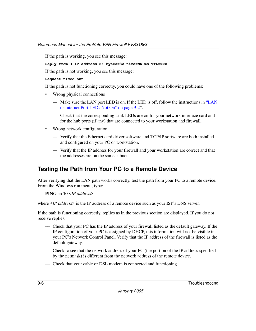 NETGEAR FVS318v3 manual Testing the Path from Your PC to a Remote Device, Ping -n 10 IP address 