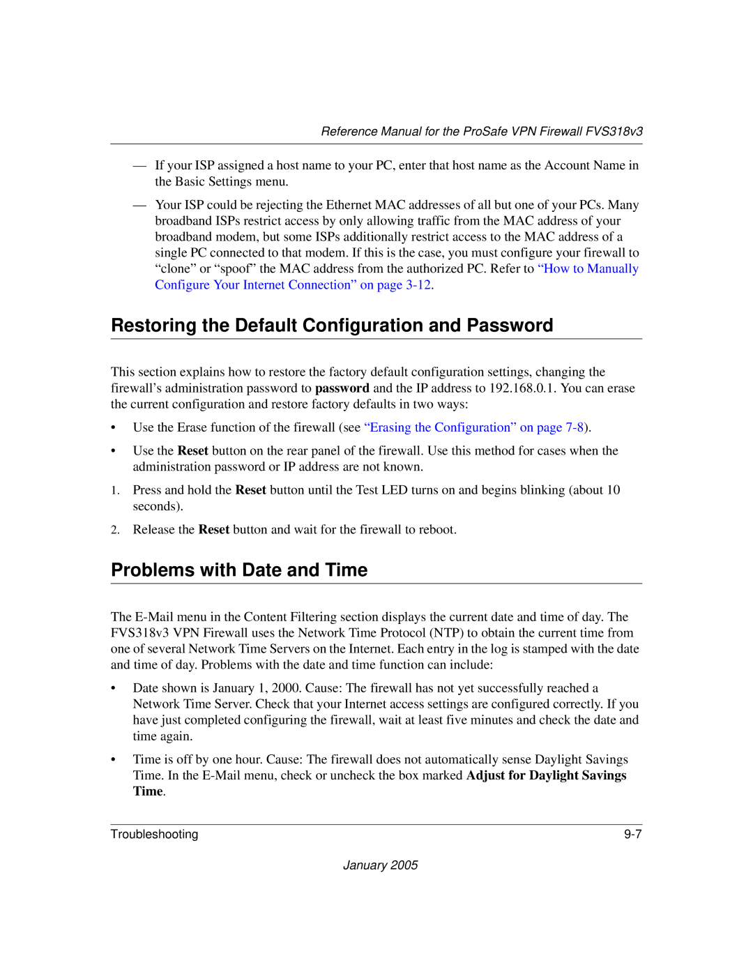 NETGEAR FVS318v3 manual Restoring the Default Configuration and Password, Problems with Date and Time 