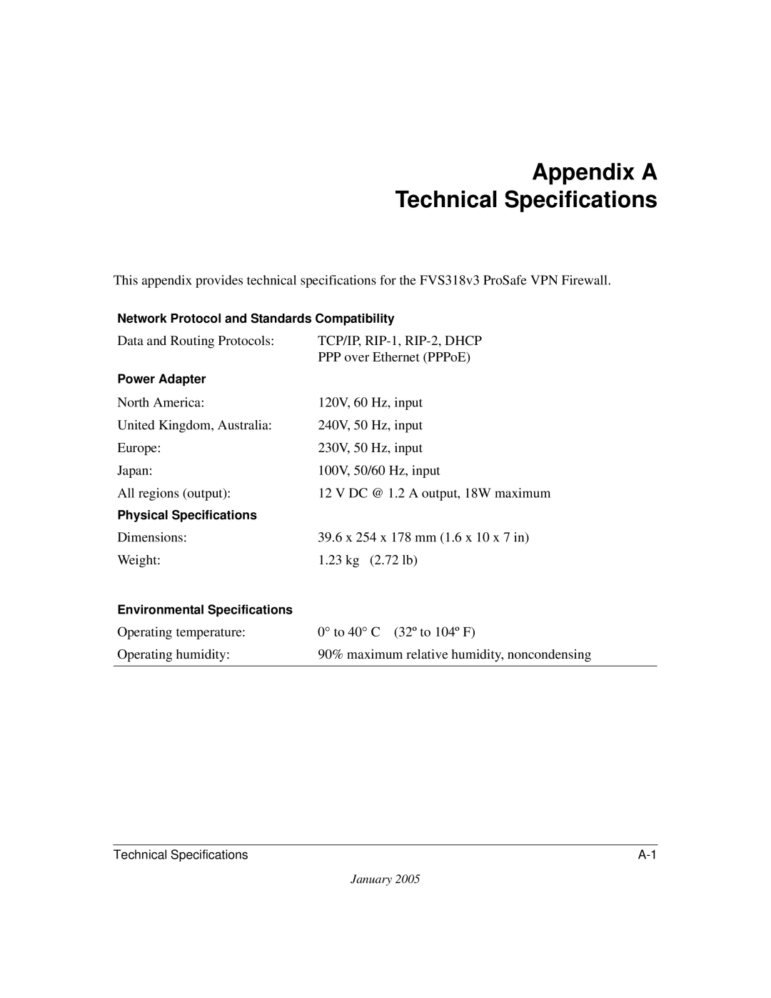 NETGEAR FVS318v3 manual Network Protocol and Standards Compatibility, Power Adapter, Physical Specifications 