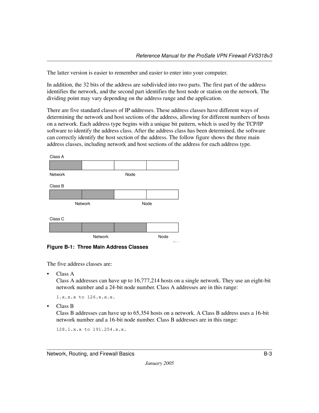 NETGEAR FVS318v3 manual Figure B-1 Three Main Address Classes 