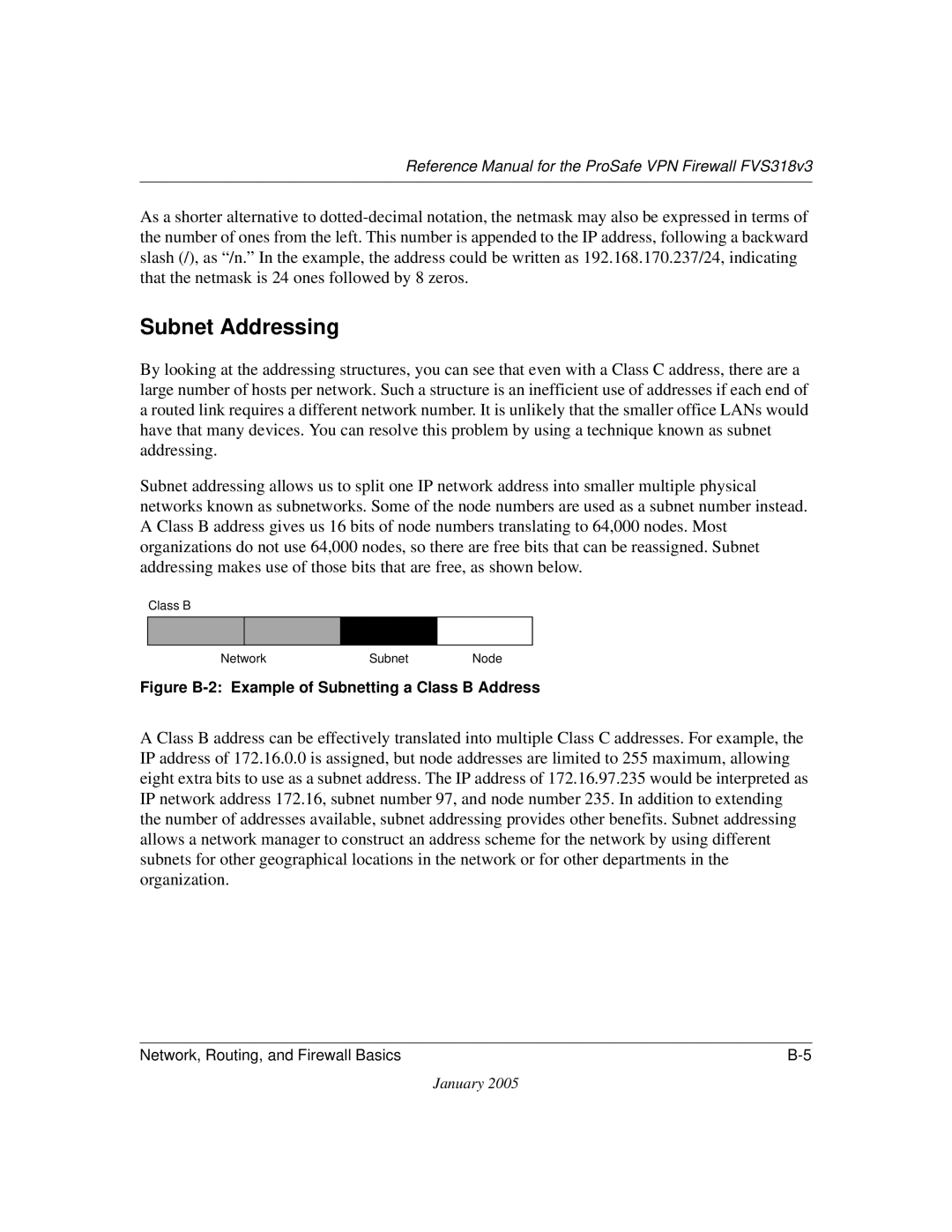 NETGEAR FVS318v3 manual Subnet Addressing, Figure B-2 Example of Subnetting a Class B Address 